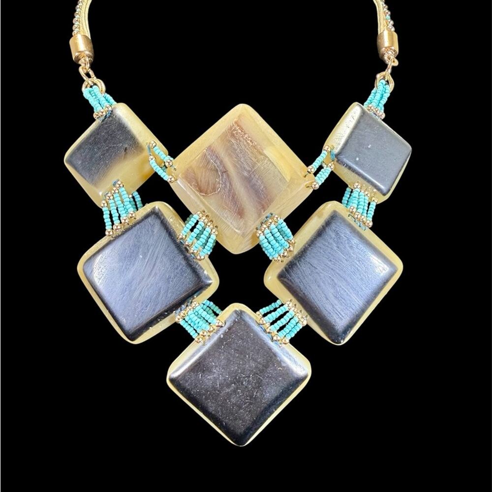 Vintage 80s Large Acrylic Black Turquoise Geometric Adjustable length Necklace